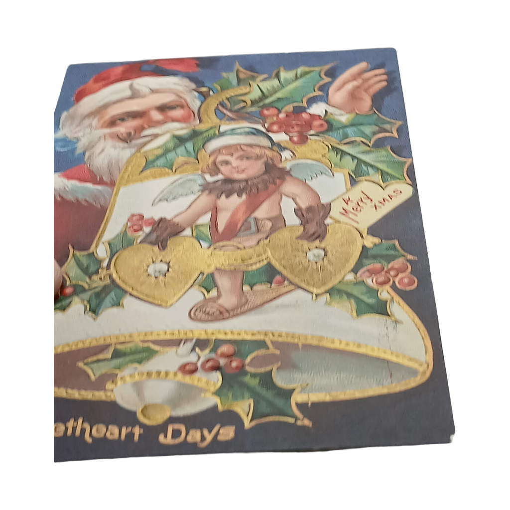 Christmas Postcard Gold Embossed Bell Santa Claus & Elf Sweetheart Series 1
