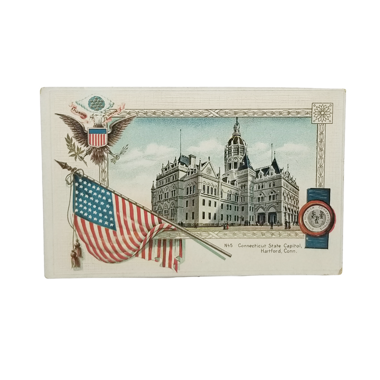 Patriotic Postcard Connecticut State Capitol Building with Flag Hartford CT