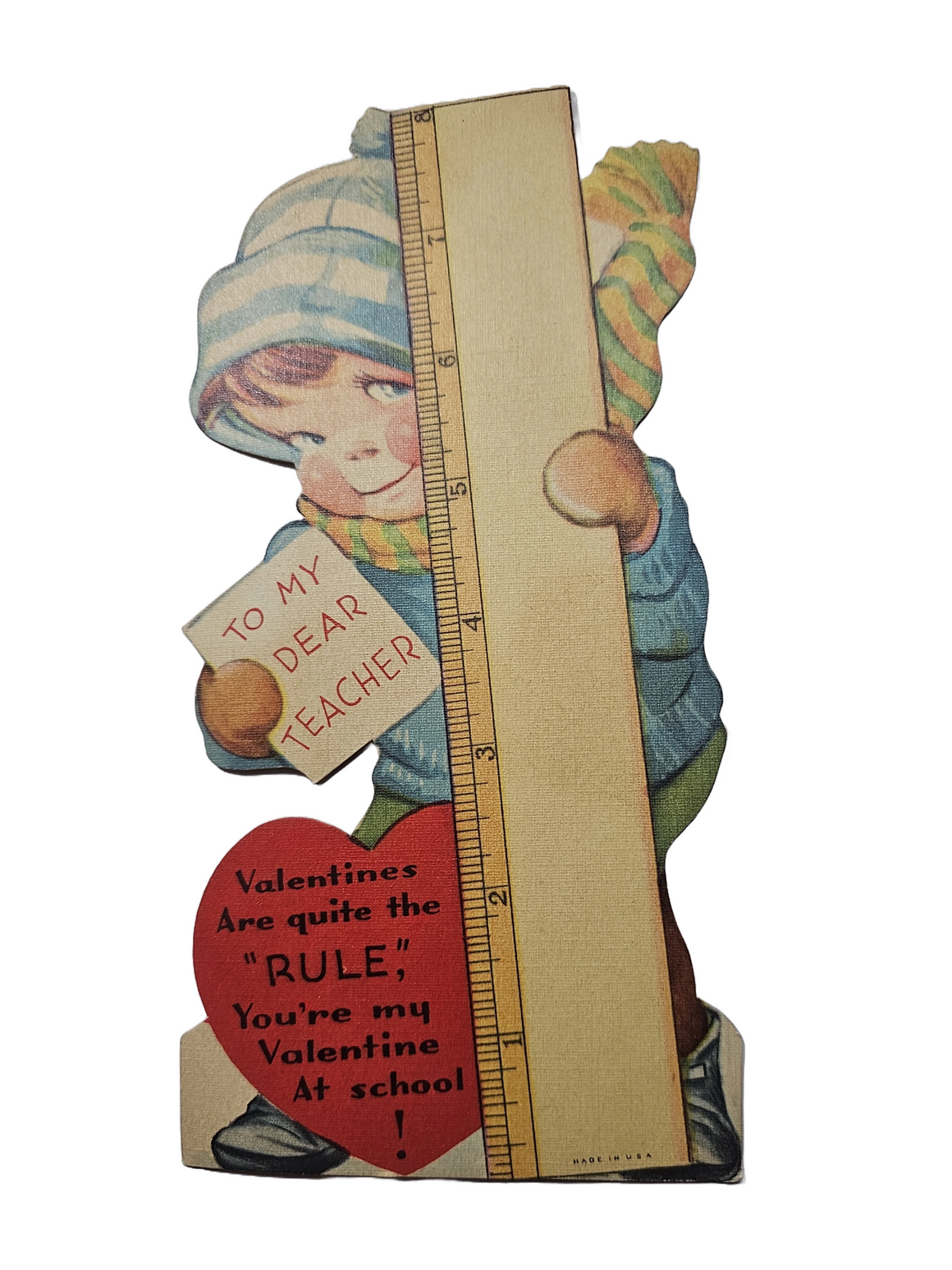 Vintage Antique Die Cut Valentine Card Little Boy Hiding Behind Giant Ruler with Cute Rhyme "To My Dear Teacher" Artist Charles Twelvetrees