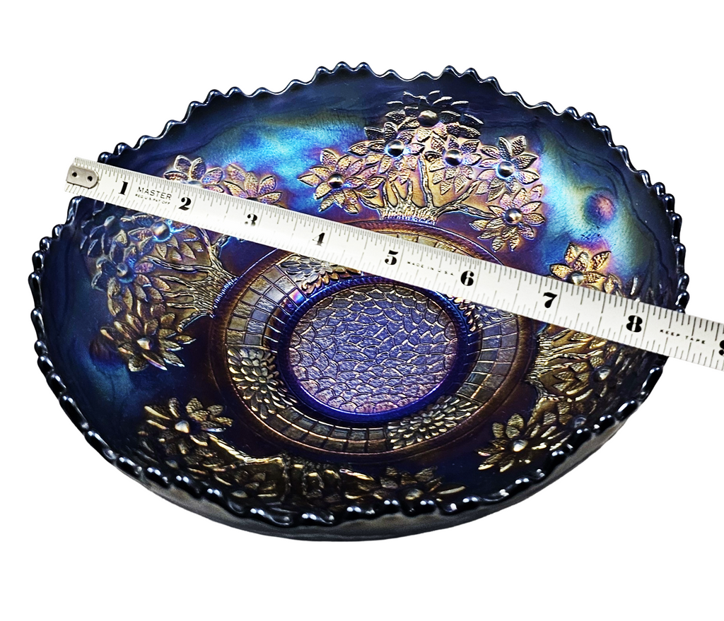 Antique Fenton Blue Orange Tree Carnival Glass Round Bowl