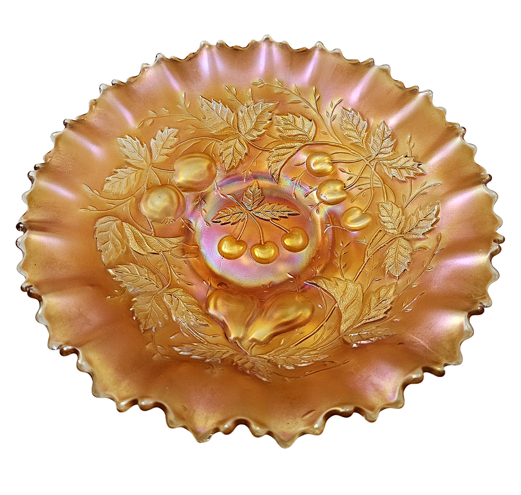 Northwood Marigold Three Fruits Carnival Glass Bowl Pie Crust Border