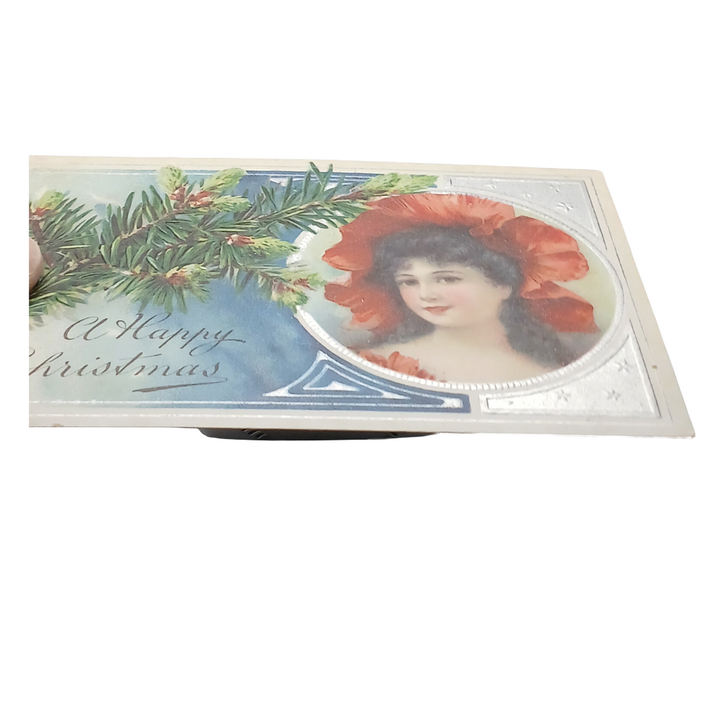Christmas Postcard Brunette Woman in Red Bonnet Pine Cones Silver Back