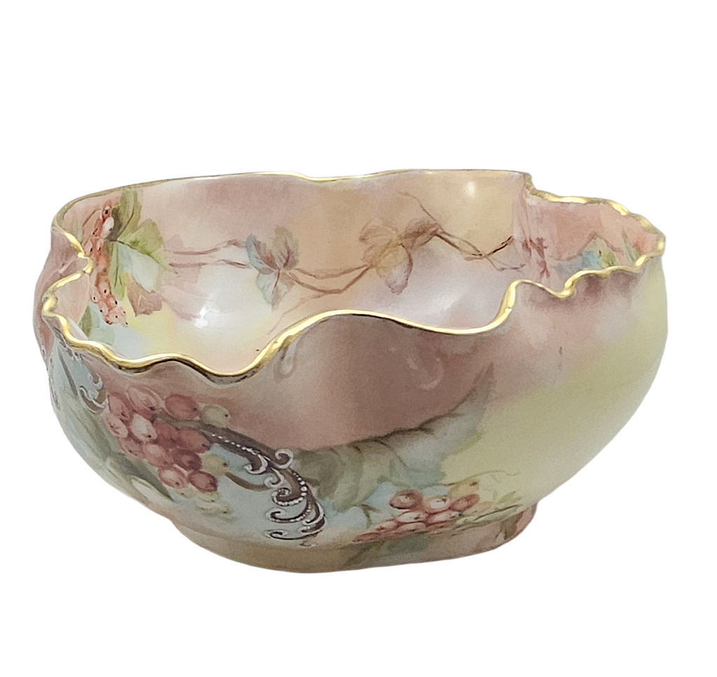 LIMOGES Porcelain Bowl Hand Painted Red Currants Branch Handle