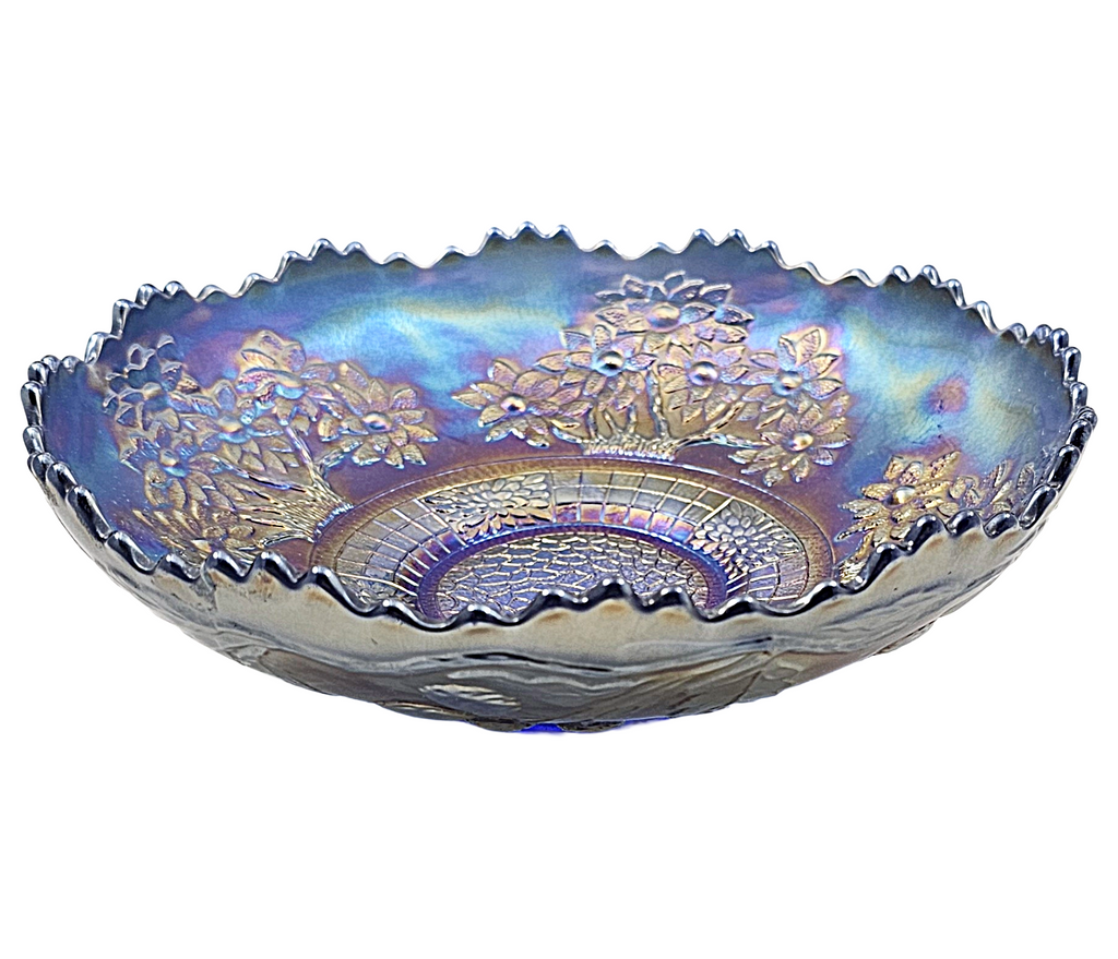 Antique Fenton Blue Orange Tree Carnival Glass Round Bowl