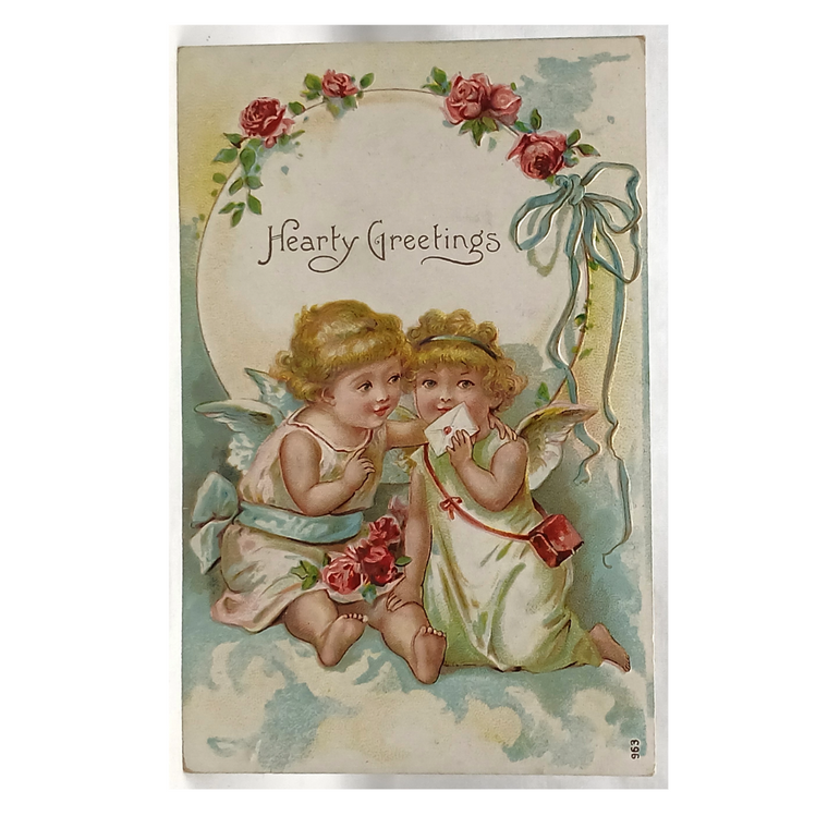 Antique Vintage Valentine Postcard, Cupid Cherubs Whispering in Clouds, German Embossed Post Card Series 963