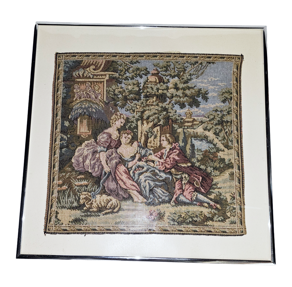 Vintage Pair Framed French Tapestries Pastoral Scenes People w/ Sheep