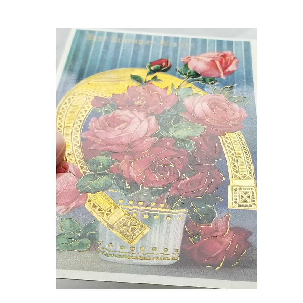 Greetings Postcard Happy Birthday Roses & Horseshoe Gold Highlights Gel Finish Series 7072