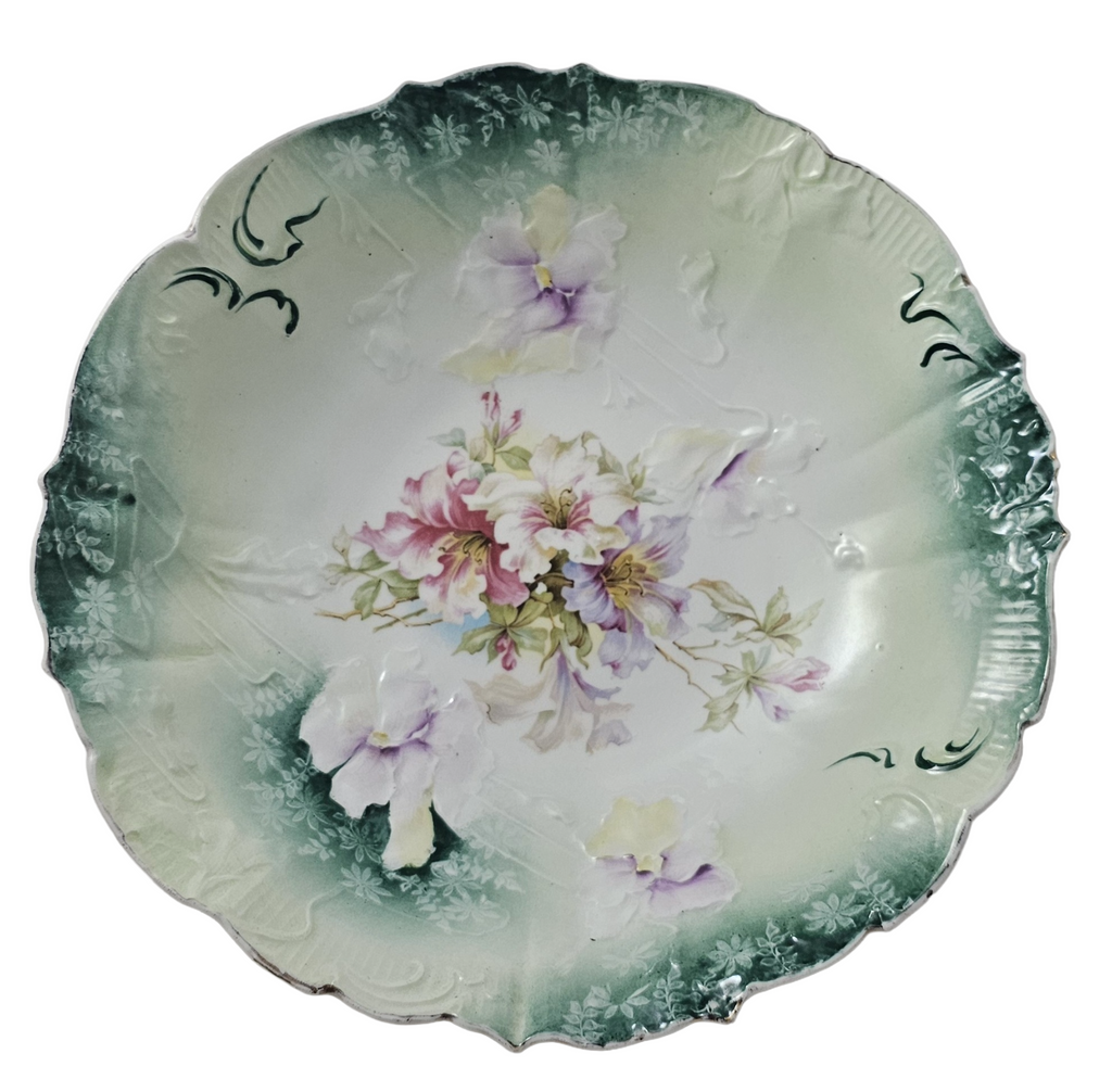 RS Prussia Porcelain Bowl Teal Rim Mold 32 Floral Pattern