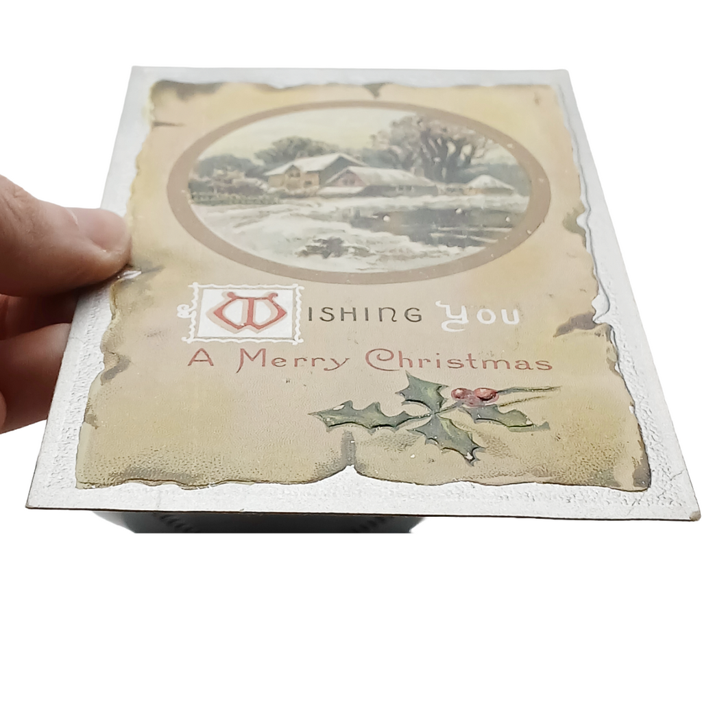 New Year Postcard Snowy Farmhouse w/Winding Road In Mistletoe Border