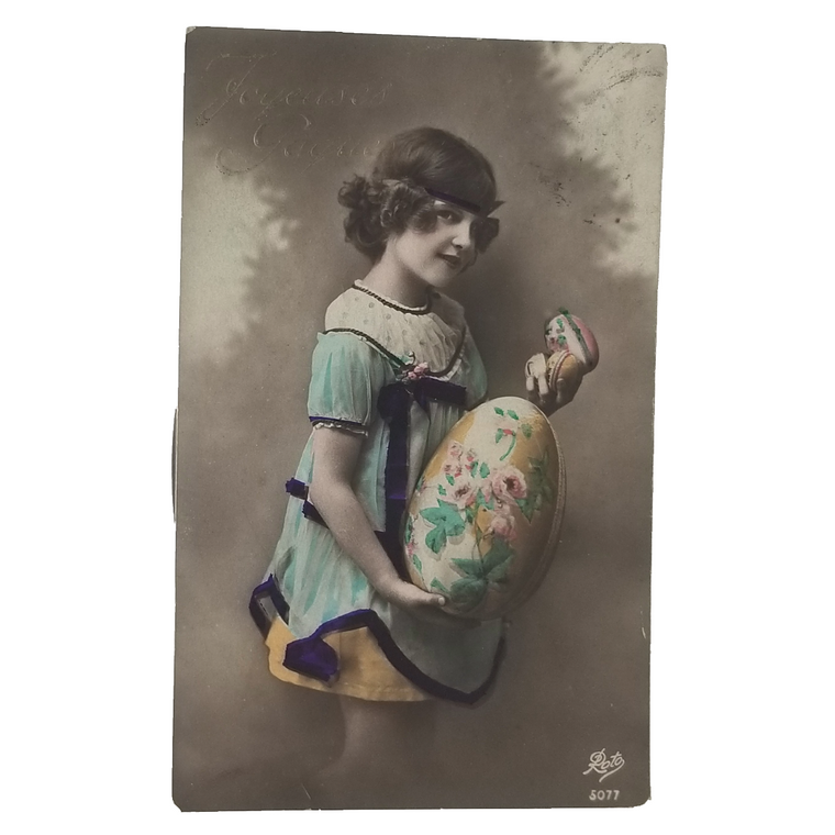 Real Photo Studio Postcard Young Girl Holding Painted Egg Hand Tinted