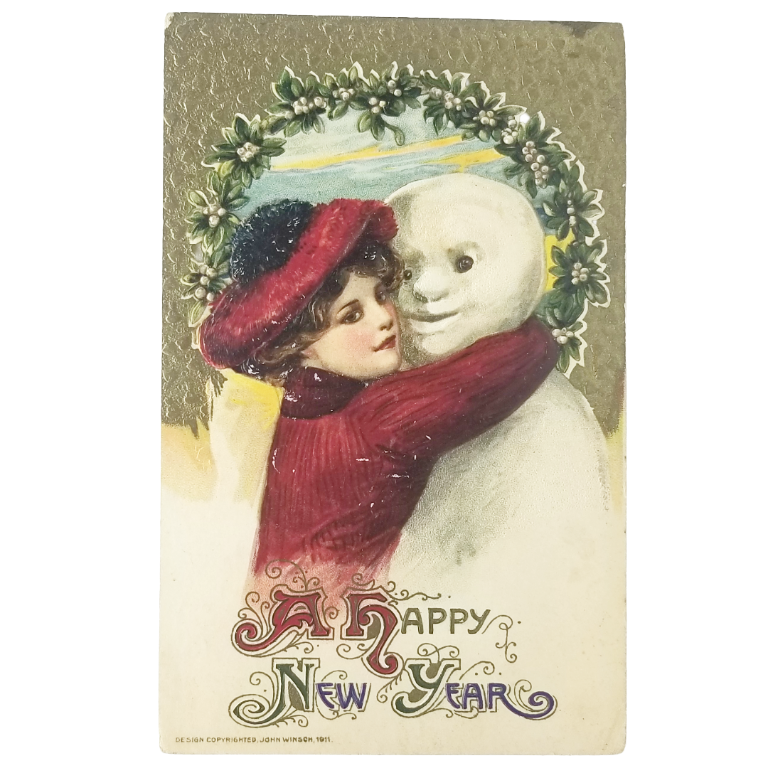 New Year Postcard Woman Hugging Snowman Winsch Schmucker