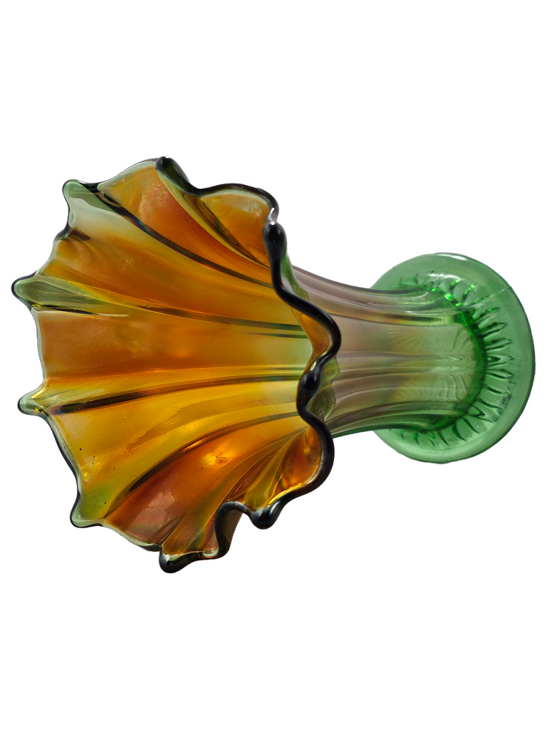 Antique Northwood Thin Ribbed Carnival Glass Vase, Marigold & Green Standard Swung Carnival Vase