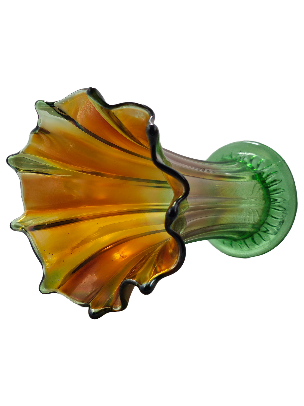 Northwood Thin Ribbed Swung Marigold Green Carnival Glass Vase