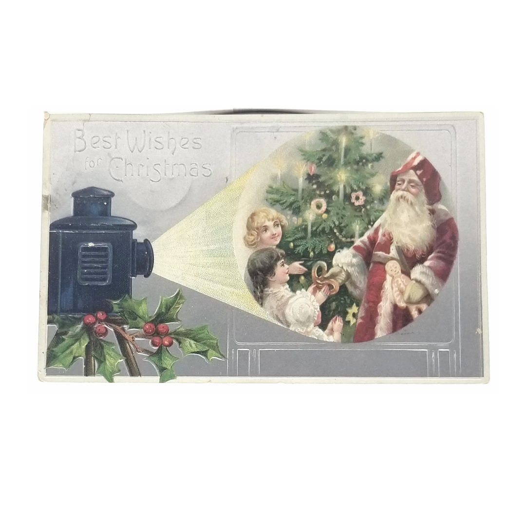 Christmas Postcard Santa Claus with Children Magic Lantern Projector Scarce Card