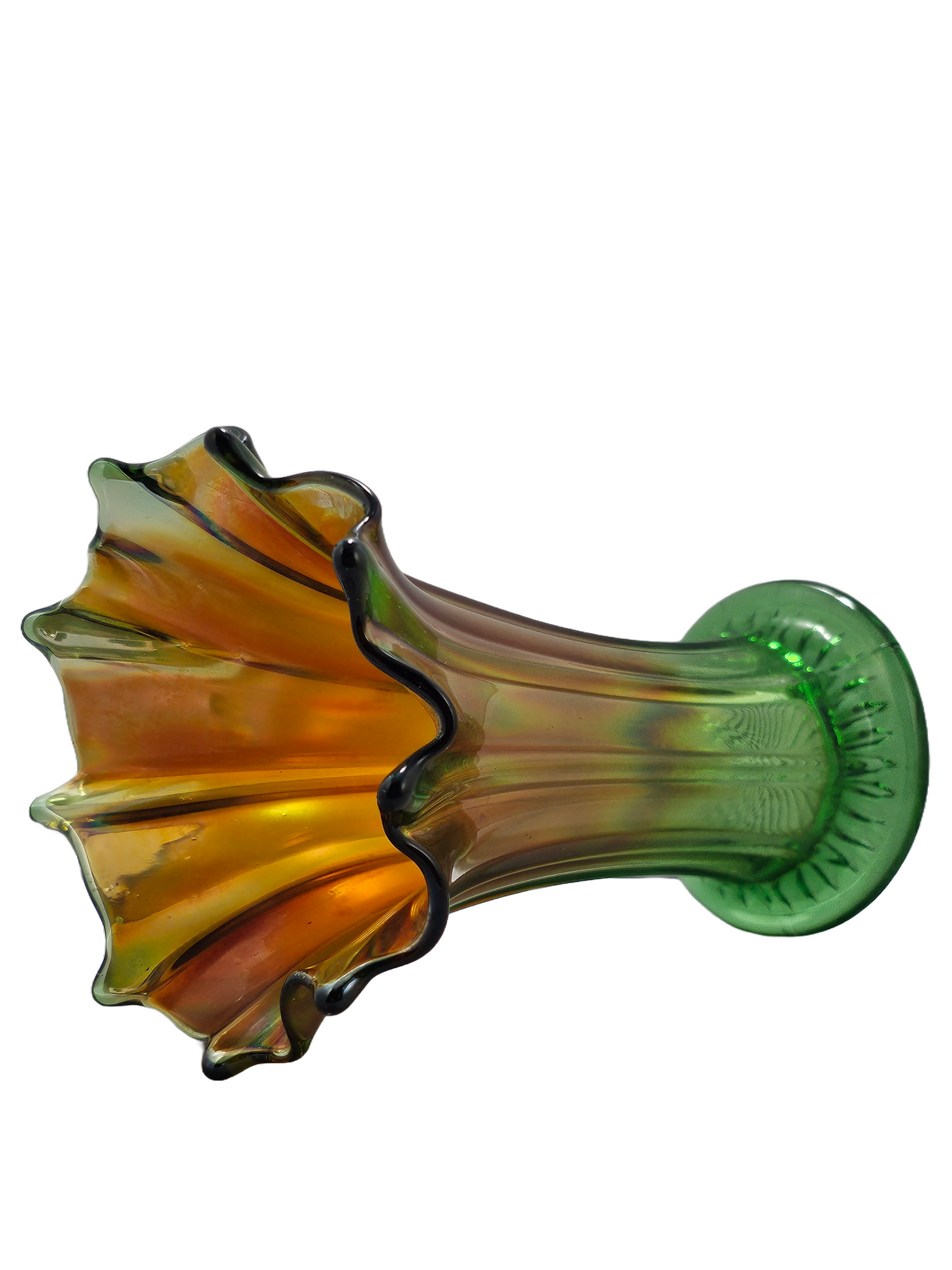 Northwood Thin Ribbed Swung Marigold Green Carnival Glass Vase