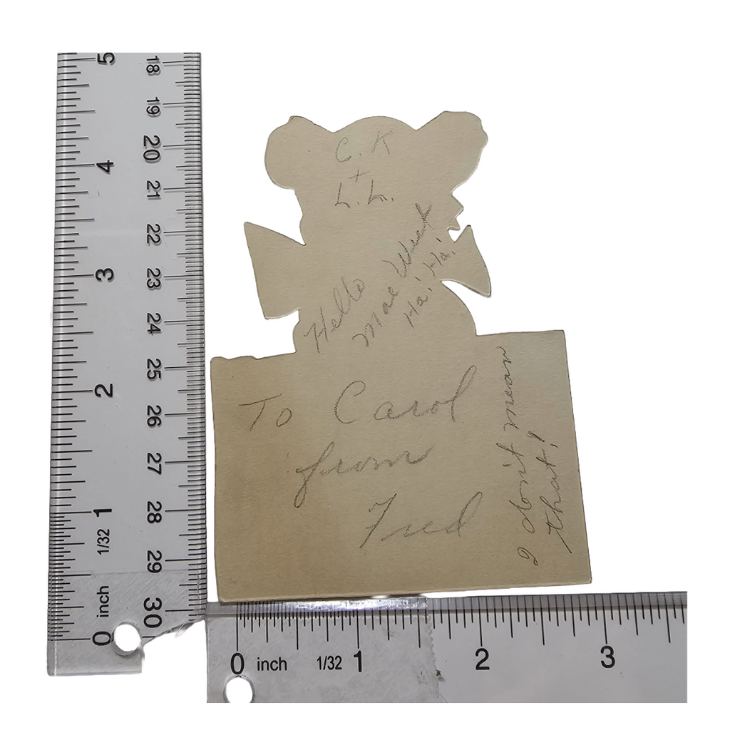 Vintage Antique Die Cut Valentine Card Teddy Bear on Fence