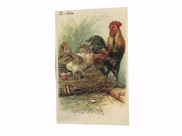 Easter Postcard Rooster and Hen with Painted Eggs Gold Embossed Highlights Series 51