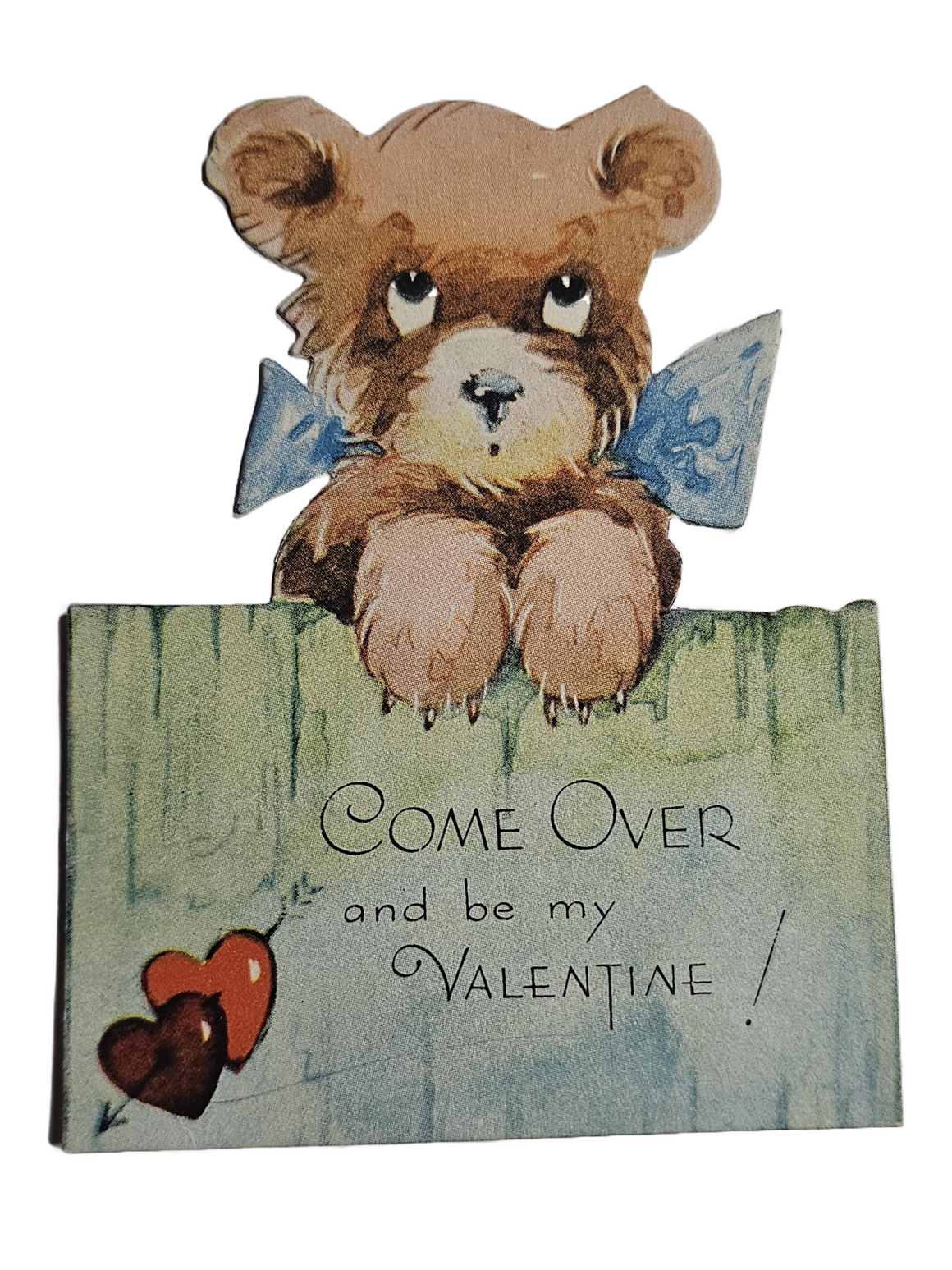 Vintage Antique Die Cut Valentine Card Teddy Bear in Blue Bow Holding Come Over and Be My Valentine Sign