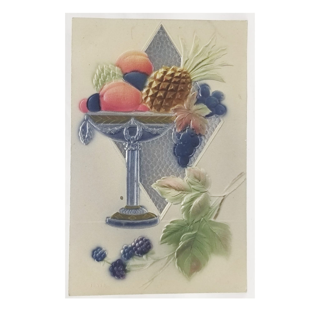 Greetings Postcard Embossed and Airbrushed Card with Silver Background Fruit Bowl