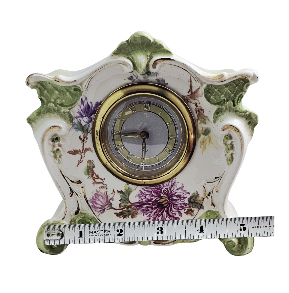 Antique Ornate German Floral Porcelain Eight Day Mantle Clock