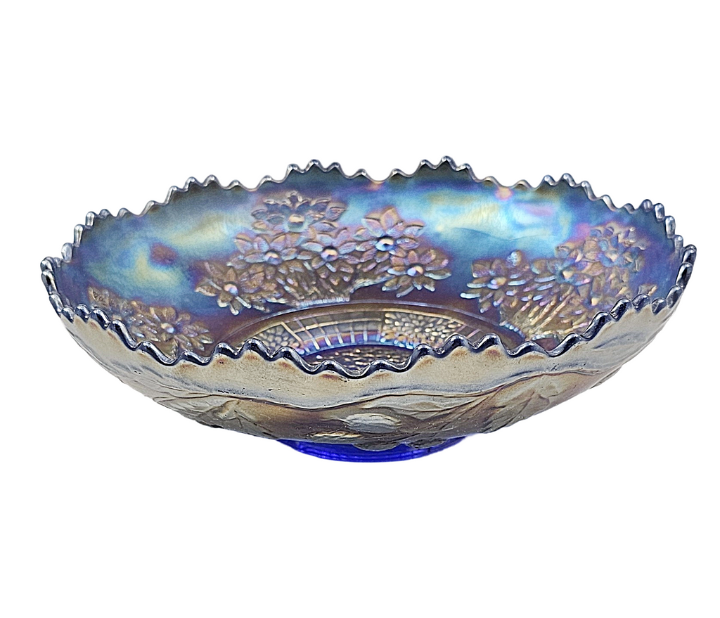 Antique Fenton Blue Orange Tree Carnival Glass Round Bowl
