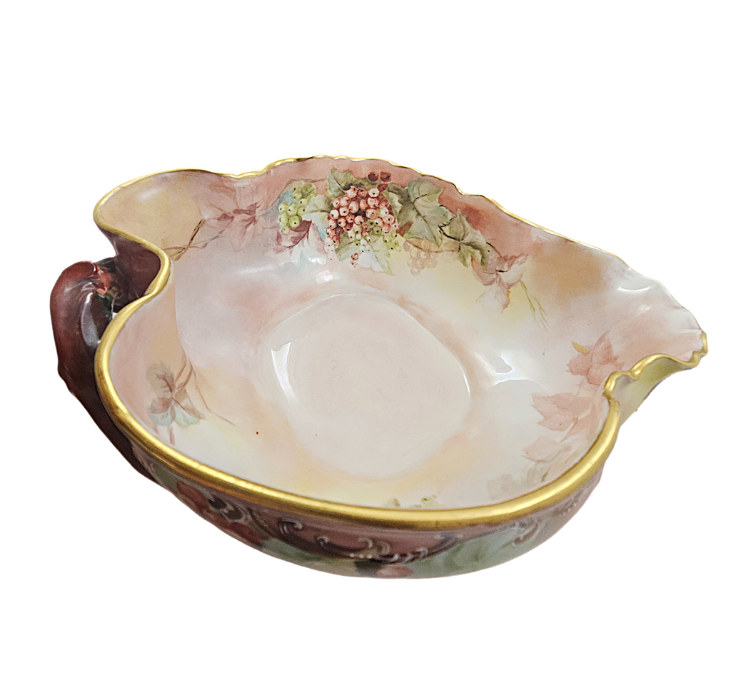 LIMOGES Porcelain Bowl Hand Painted Red Currants Branch Handle