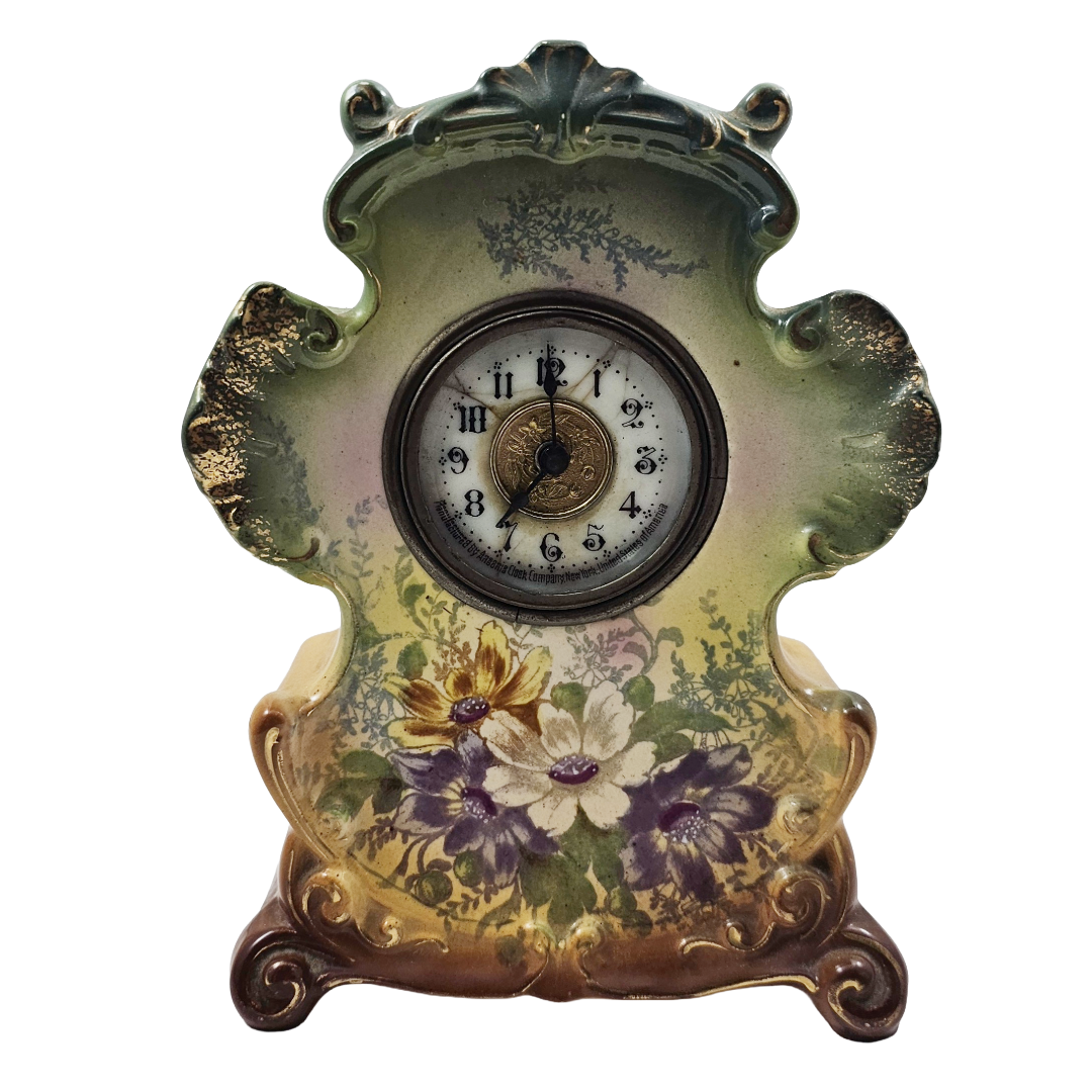 Antique Ansonia Royal Bonn Anchor German Porcelain Green Mantle Clock