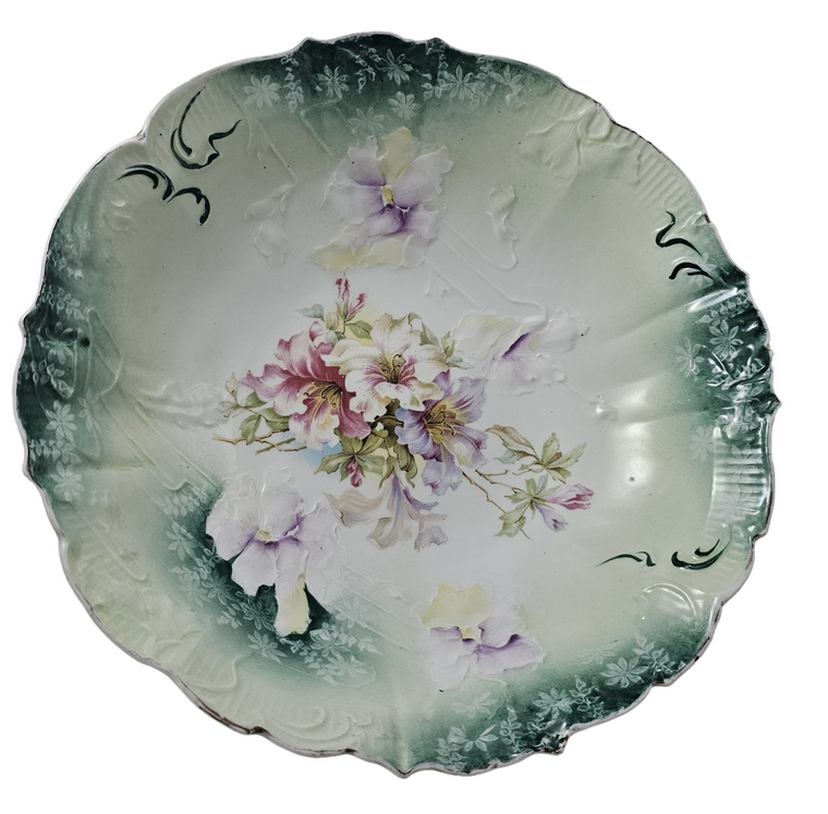 RS Prussia Porcelain Bowl Teal Rim Mold 32 Floral Pattern
