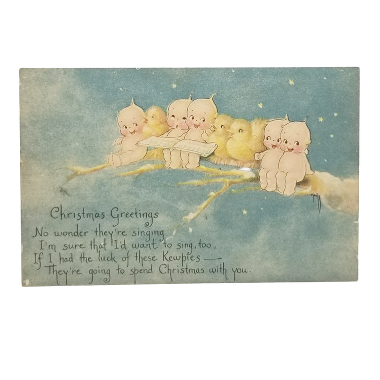 Christmas Postcard Artist Rosie O'Neill Kewpies Singing on Tree Limb Under Starry Night
