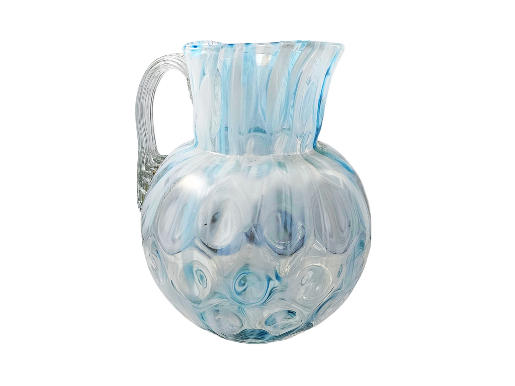 Phoenix Spot Optic Spatter Glass Four Piece Water Set Pitcher Tumblers Opal Blue