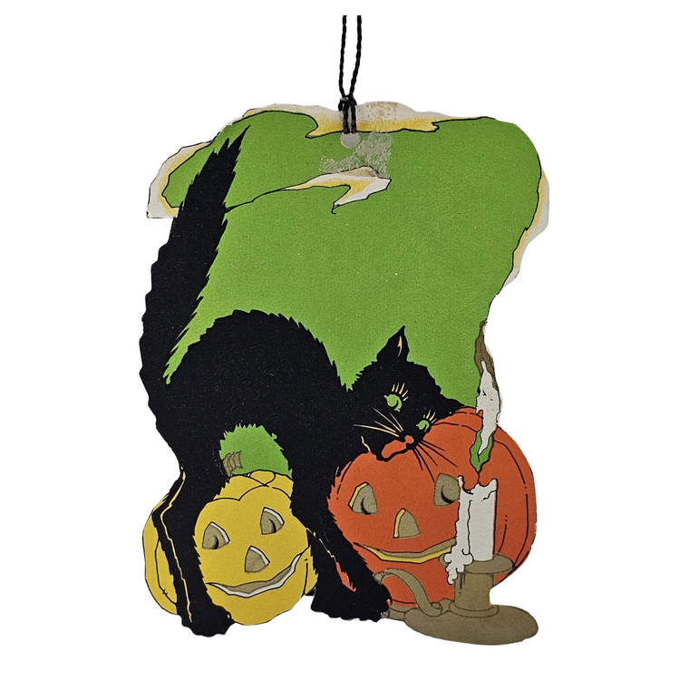 Vintage Whitney Halloween Tally Card  Die Cut Scaredy Black Cat JOL Pumpkins