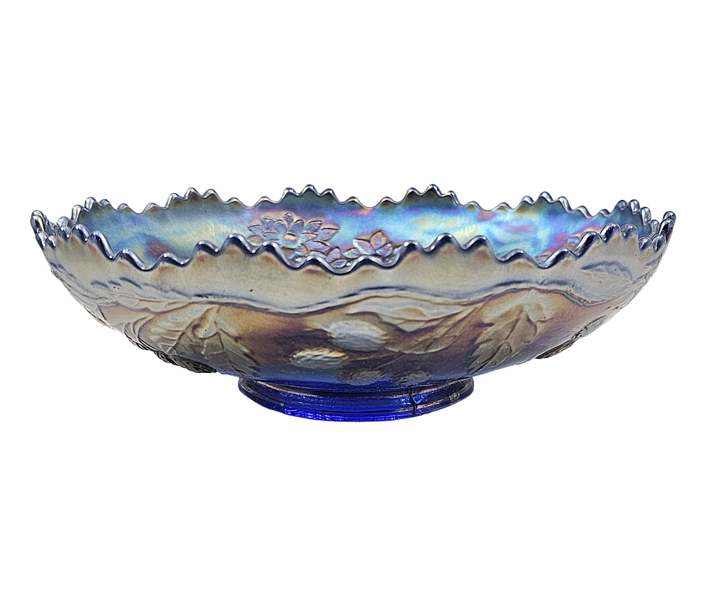 Antique Fenton Blue Orange Tree Carnival Glass Round Bowl