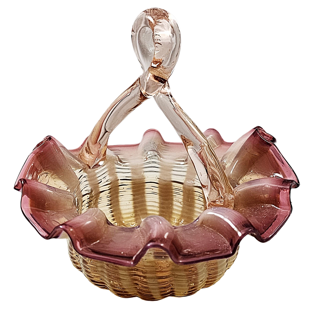 Victorian Stevens Williams Art Glass Miniature Pink Opalescent Stripe Basket