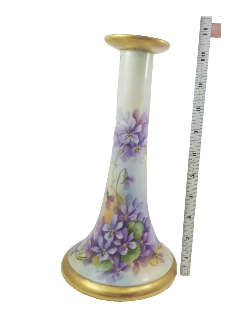 Limoges Porcelain Candle Holders Hand Painted Violets Artist Signed Perl