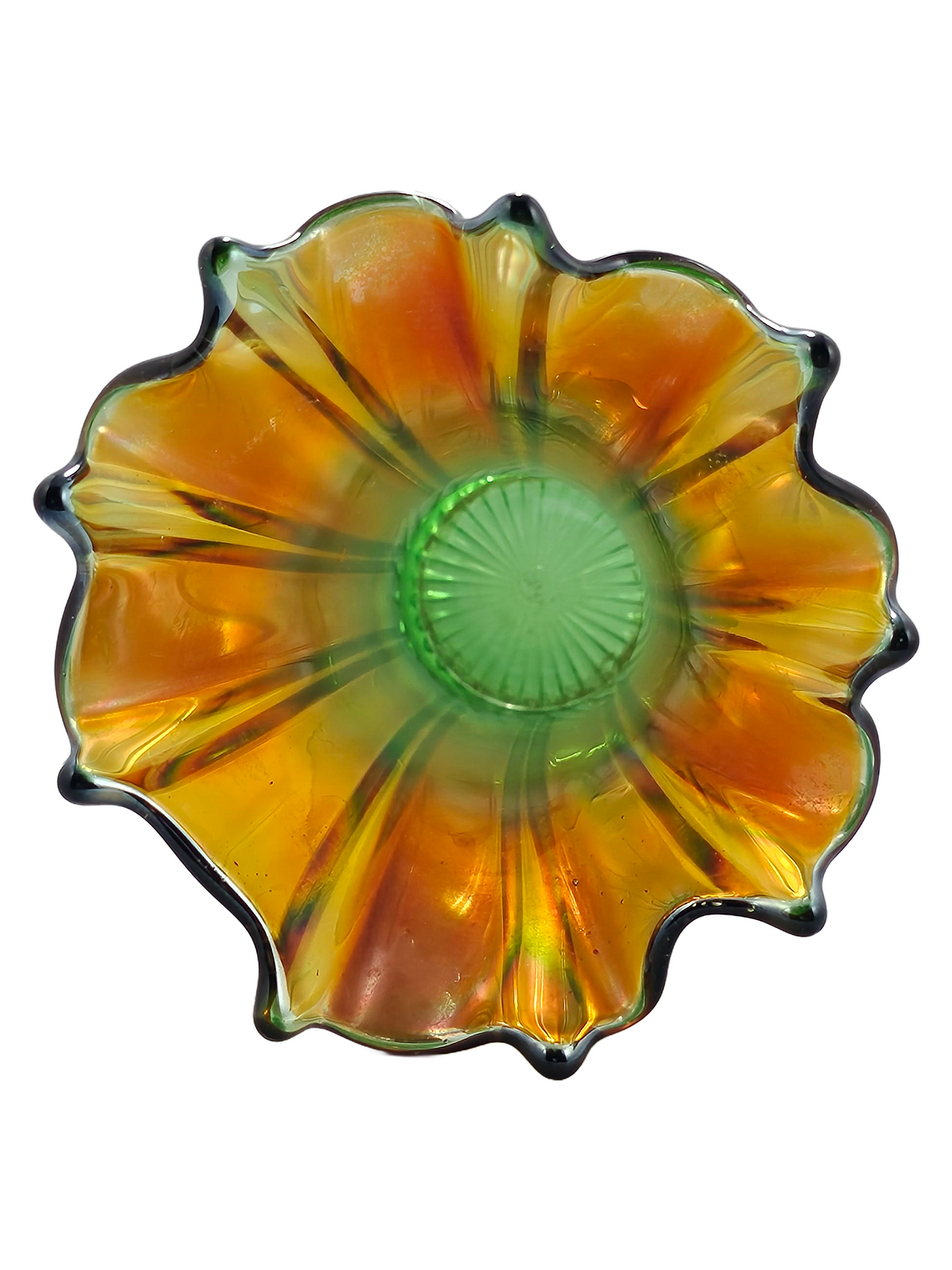 Northwood Thin Ribbed Swung Marigold Green Carnival Glass Vase