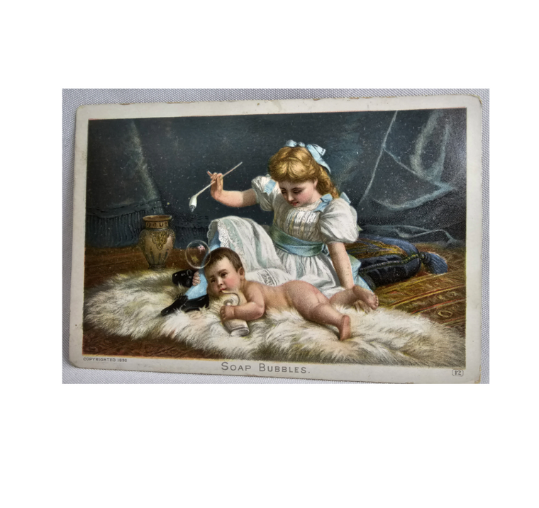 Trade Card Sarony "Soap Bubbles" 1893 Bear Rug Baby Milk Bottle & Girl