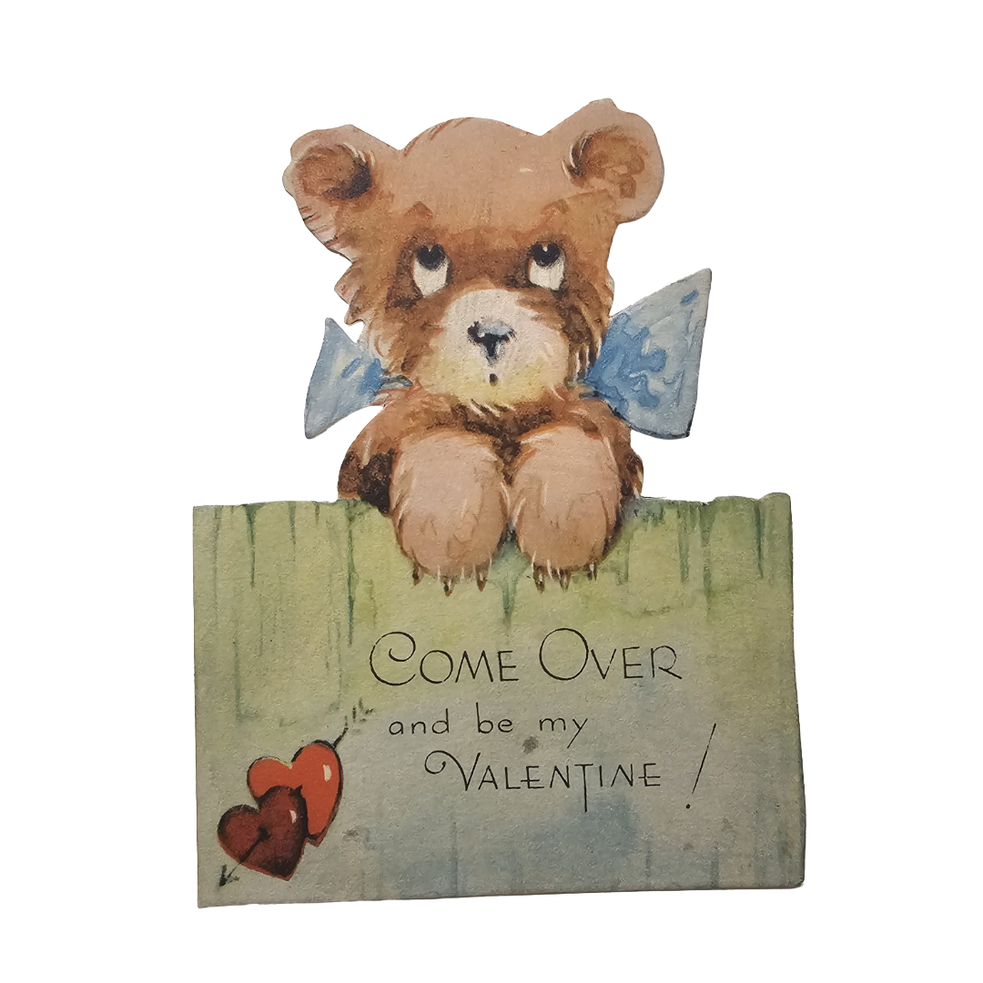Vintage Antique Die Cut Valentine Card Teddy Bear on Fence