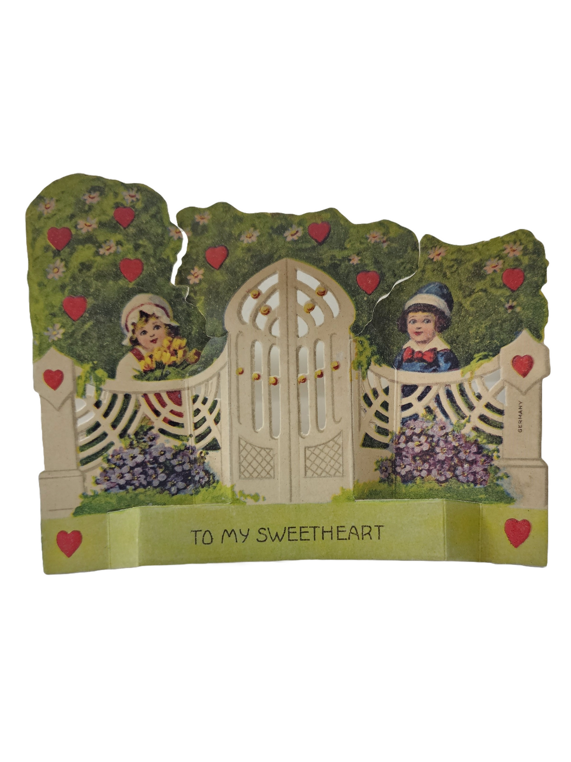 Vintage Antique Die Cut Mechanical German Valentine Card Children Behind Gate with Doors in Apple Orchard Card Opens at Doors