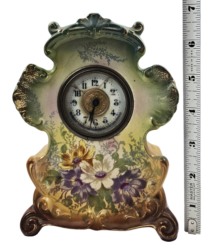 Antique Ansonia Royal Bonn Anchor German Porcelain Green Mantle Clock