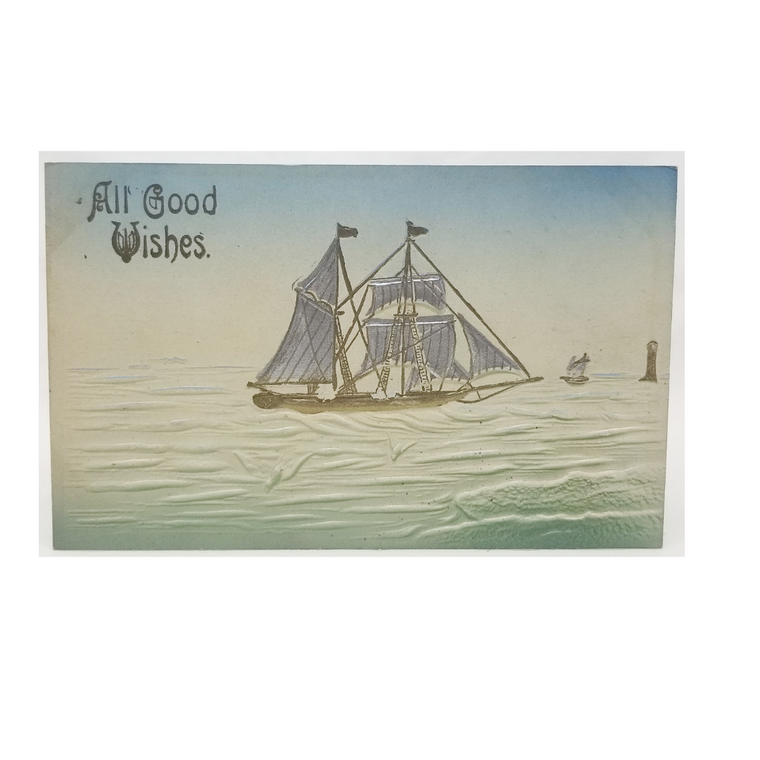 Greetings Postcard Best Wishes Embossed Card with Silver & Gold Sailboat on Ocean Airbrush Style with Blue Sky