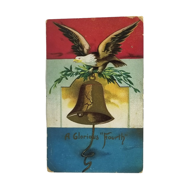 Patriotic Postcard Fourth of July Liberty Bell Eagle Re White Blue