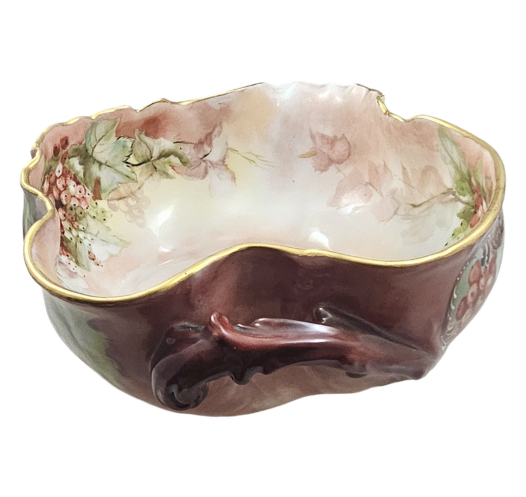 LIMOGES Porcelain Bowl Hand Painted Red Currants Branch Handle