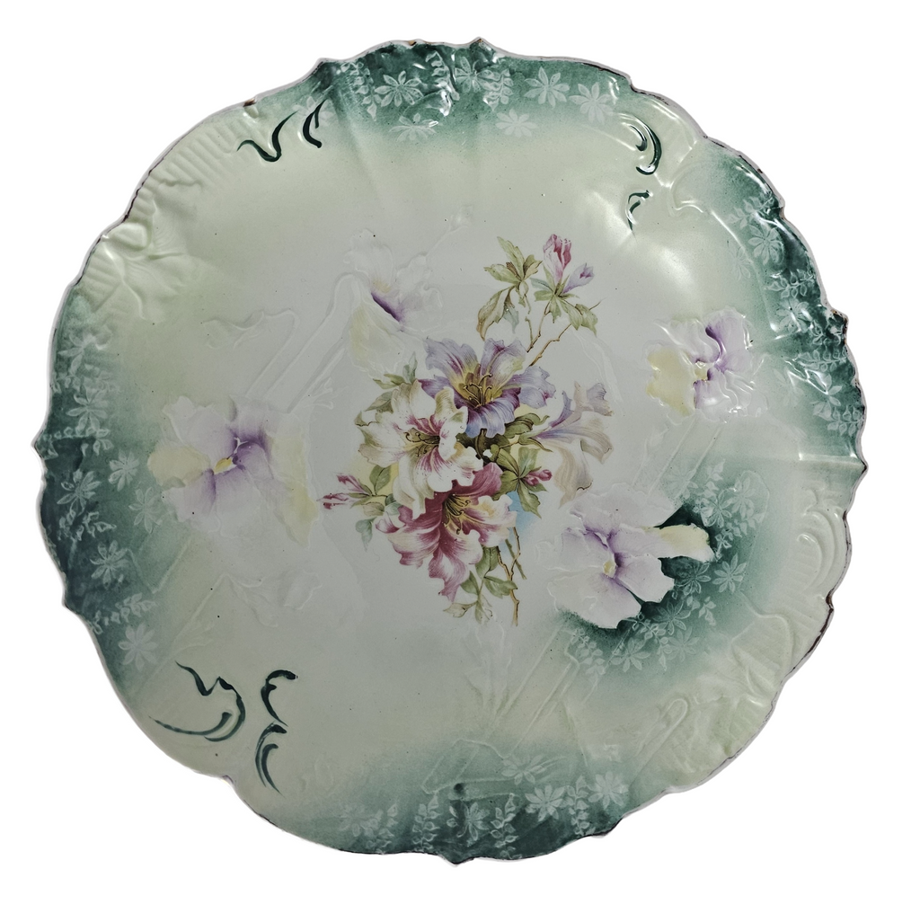 RS Prussia Porcelain Bowl Teal Rim Mold 32 Floral Pattern