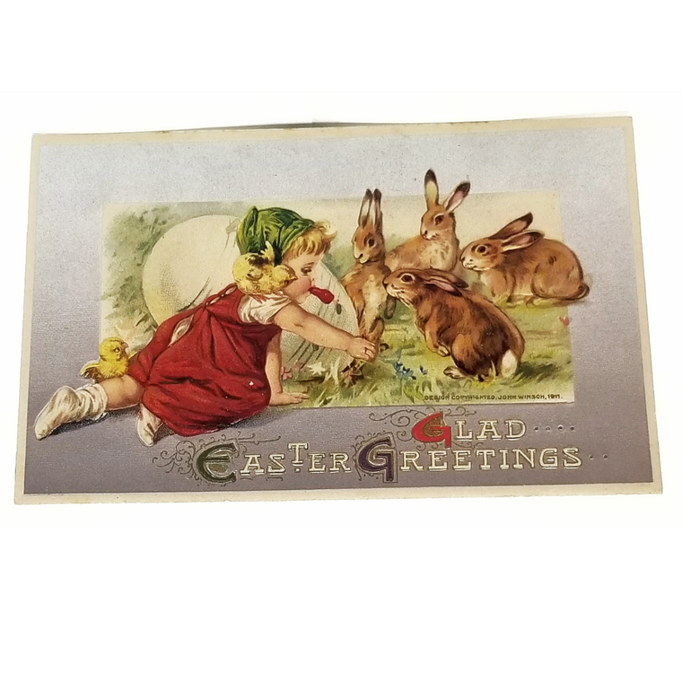 Easter Postcard Little Girl with Baby Bunny Rabbits Winsch Publishing Silver Background