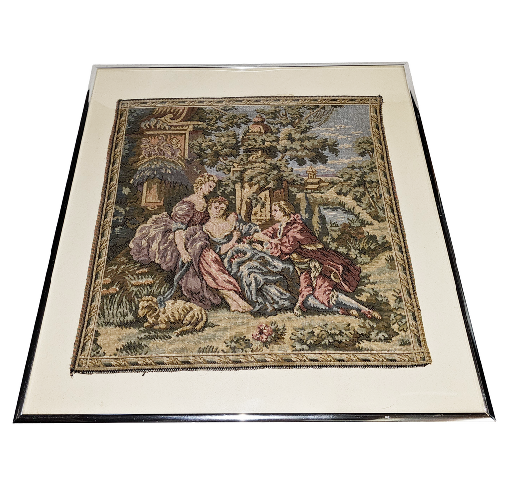 Vintage Pair Framed French Tapestries Pastoral Scenes People w/ Sheep