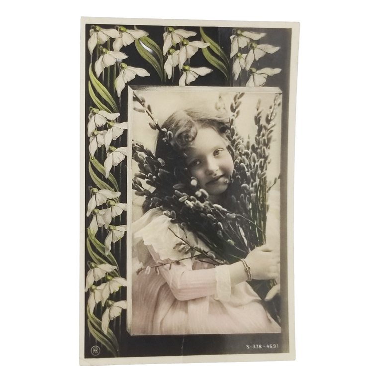 Real Photo Studio Postcard Young Girl Holding Pussy Willows Hand Tinted