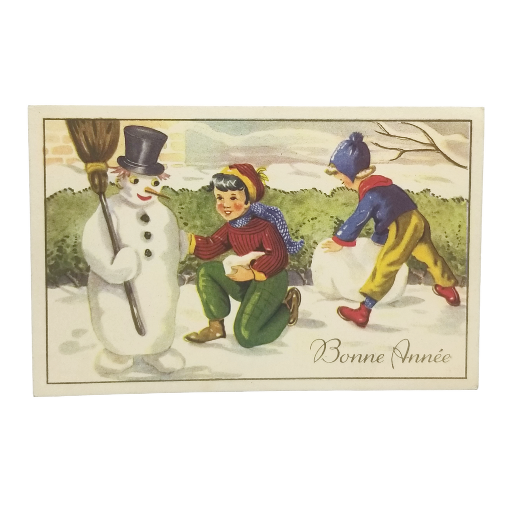New Year Postcard French Card Children Building Snowman