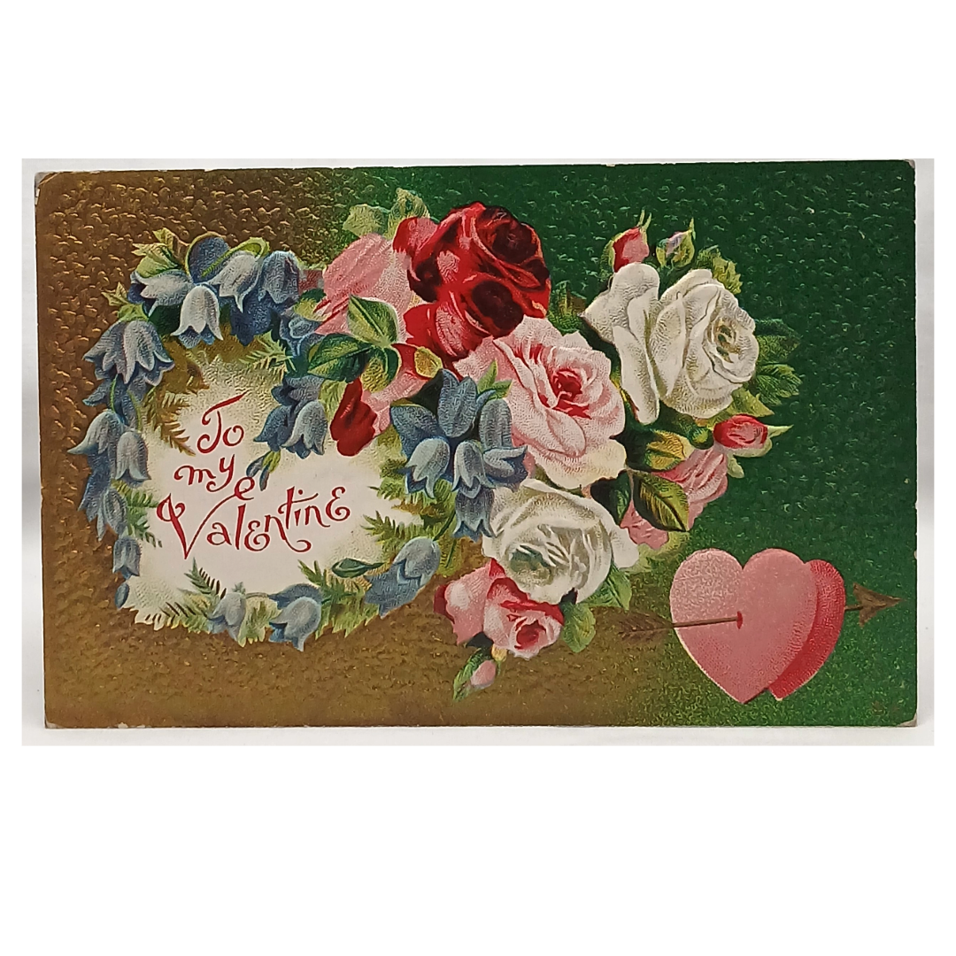 Antique Vintage Valentine Postcard, Double Hearts with Flowers and Roses Textured Background Gold Green Series No 4