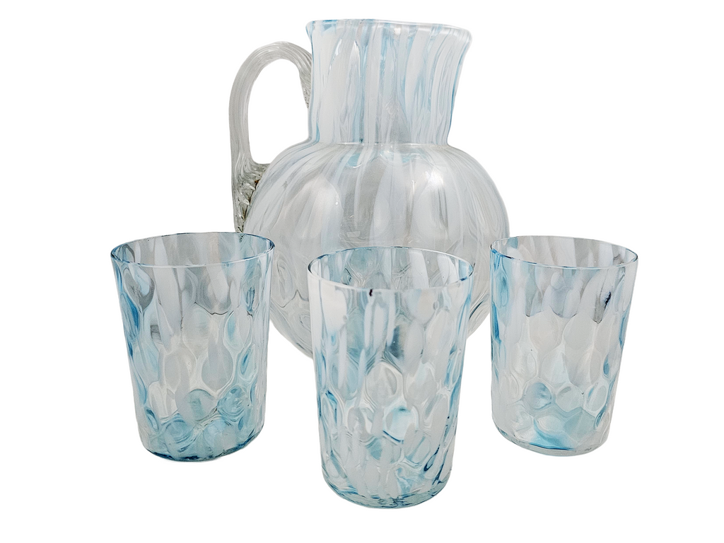 Phoenix Spot Optic Spatter Glass Four Piece Water Set Pitcher Tumblers Opal Blue