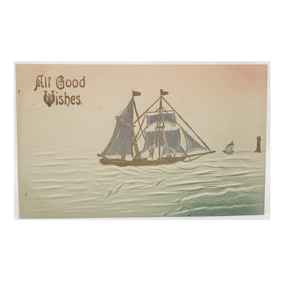 Greetings Postcard Best Wishes Embossed Card with Silver & Gold Sailboat on Ocean Airbrush Style with Orange Sky